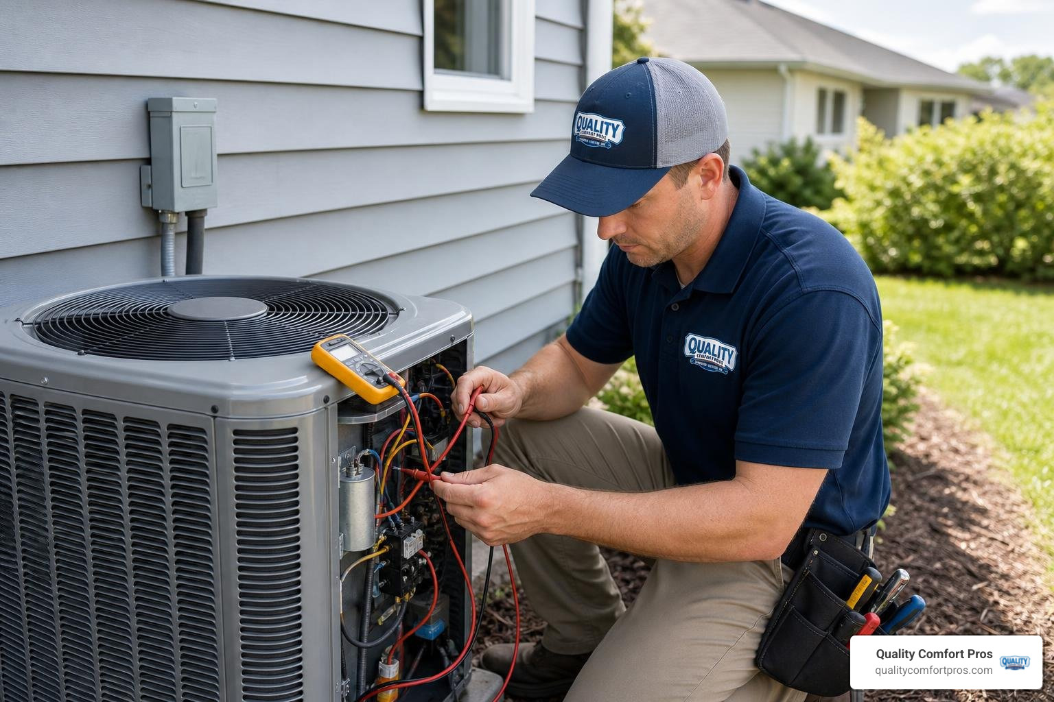 Residential HVAC technician servicing a full-size home HVAC unit