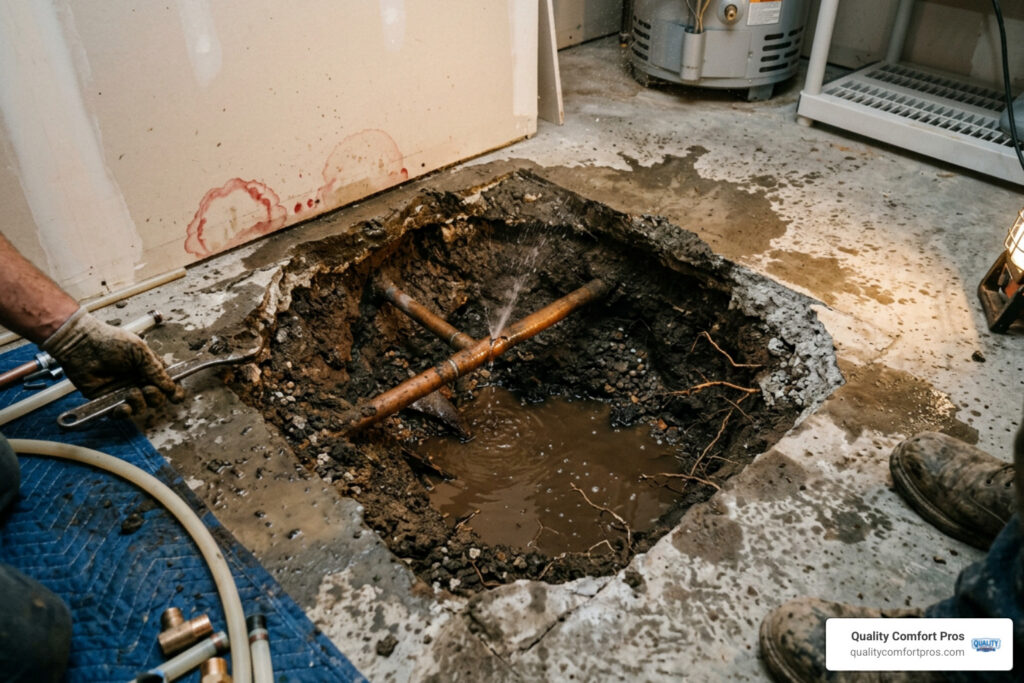 slab leak repair under concrete foundation with water damage
