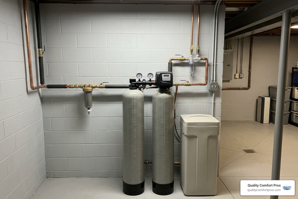 professional water softener installation in a home utility room