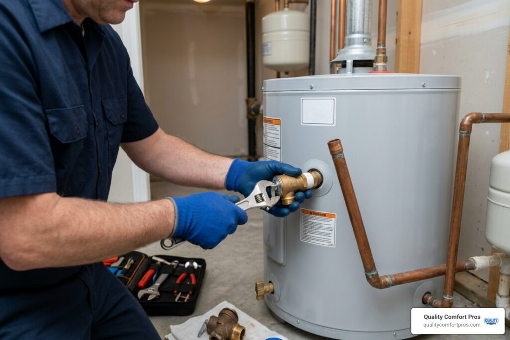 replacement pressure relief valve on a residential water heater