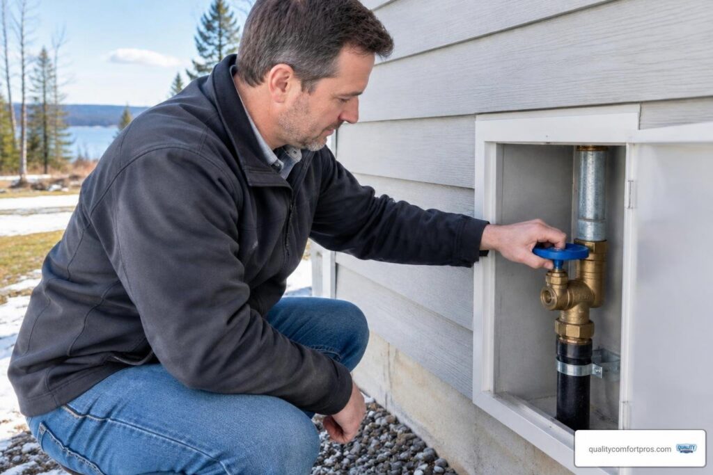 homeowner safely turning an accessible main water shut-off valve