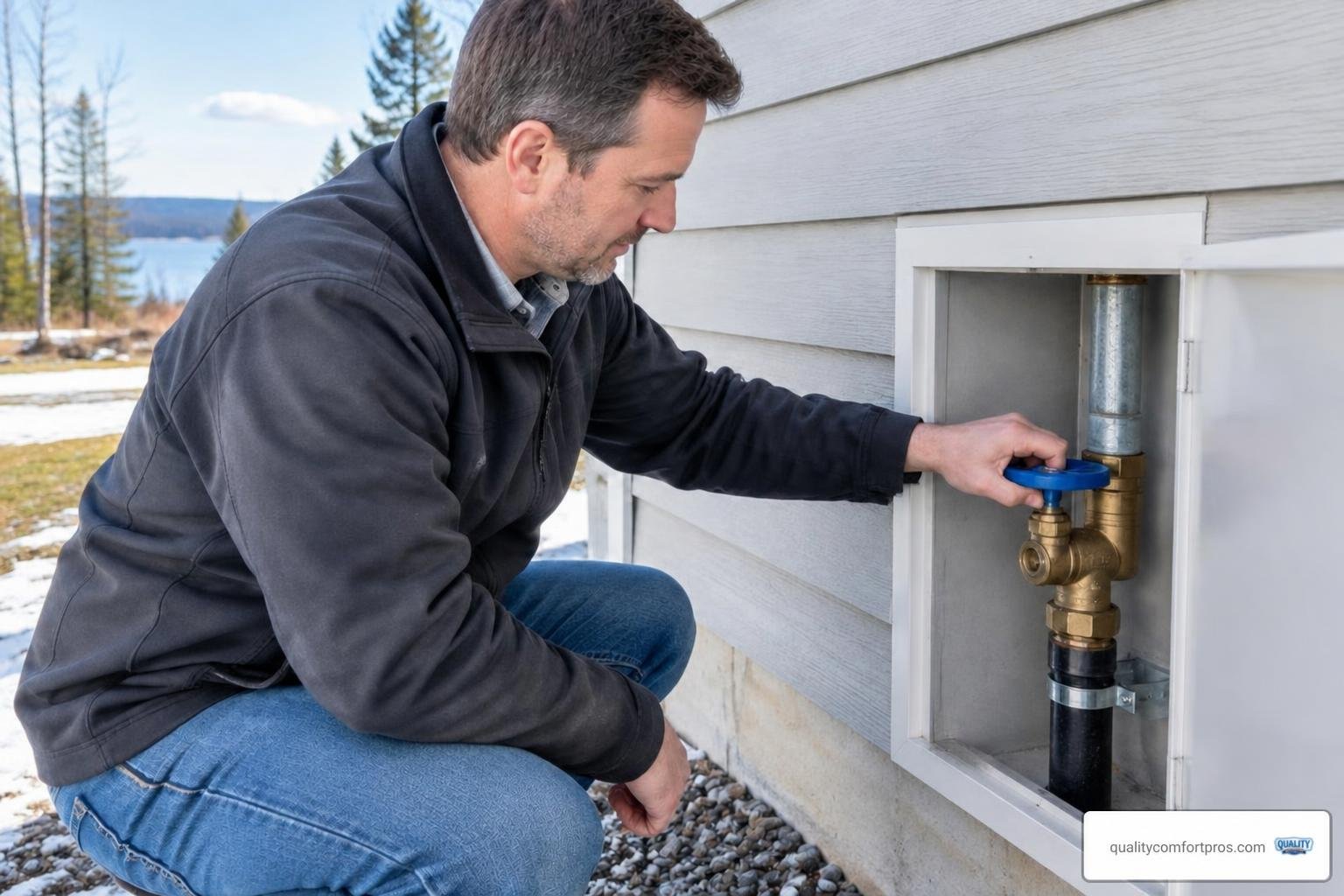 homeowner safely turning an accessible main water shut-off valve
