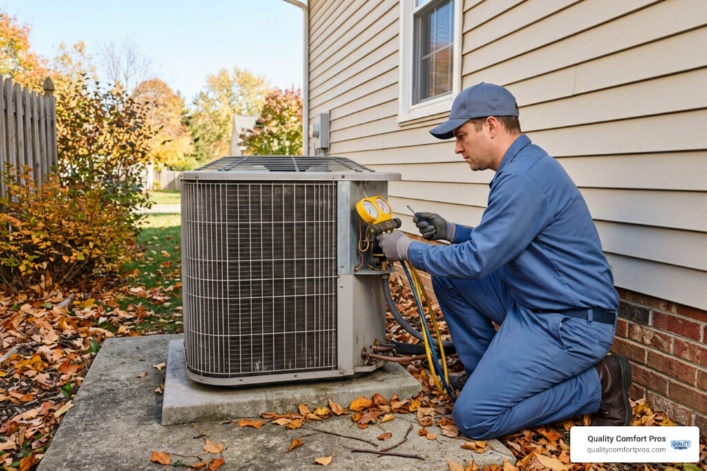 Outdoor air conditioning condenser unit during a seasonal check