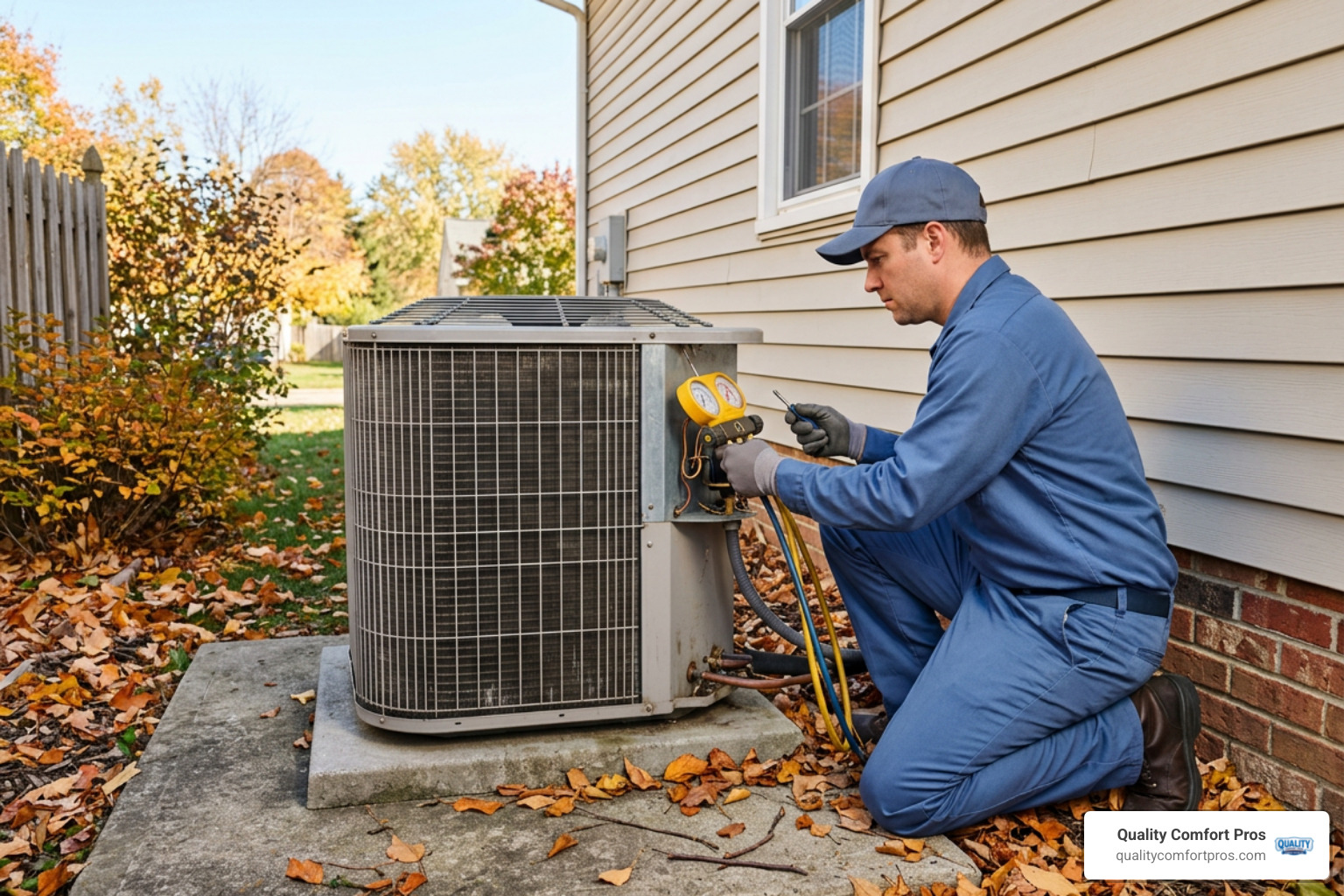 Outdoor air conditioning condenser unit during a seasonal check