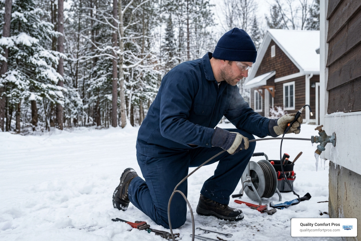 technician performing drain cleaning and winterization