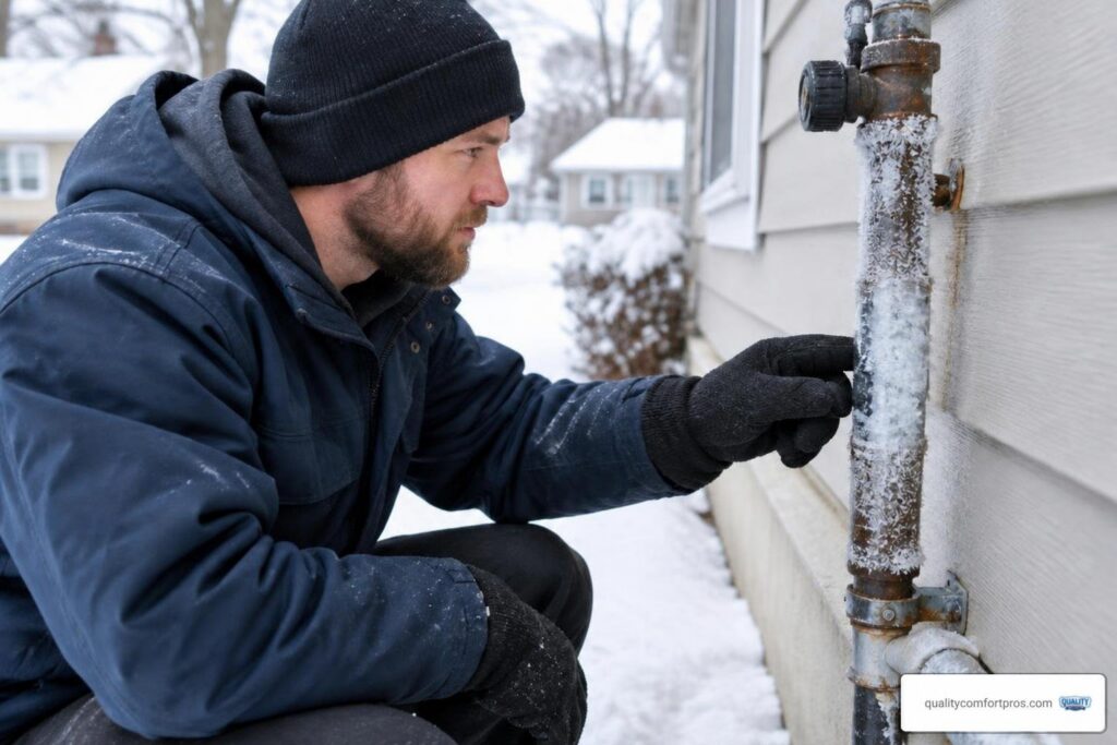 Plumber inspecting an exterior pipe during winter in Northern Michigan