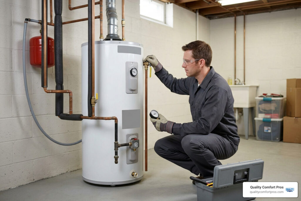 licensed technician inspecting a residential water heater system