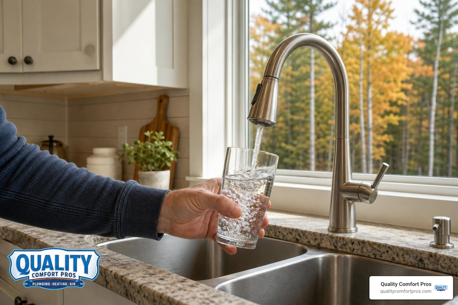 Clear glass of water being filled at a kitchen tap in a Northern Michigan home